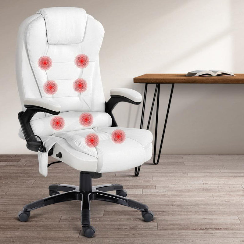 Artiss Massage Office Chair 8 Point PU Leather Office Chair - White - John Cootes