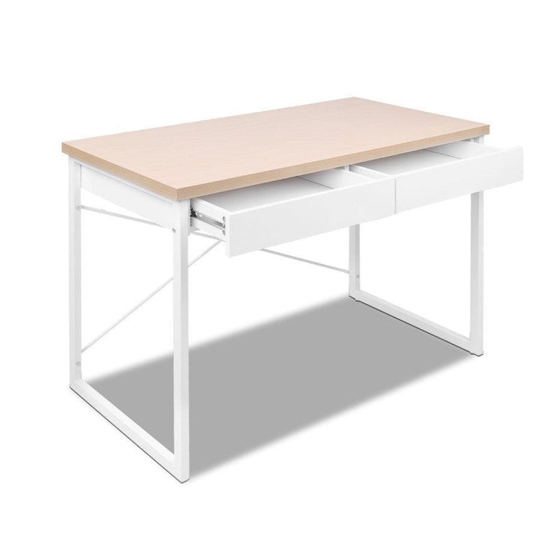 Artiss Metal Desk with Drawer - White with Wooden Top - John Cootes