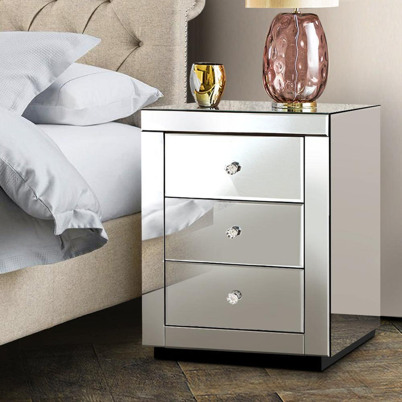 Artiss Mirrored Bedside Table Drawers Furniture Mirror Glass Presia Silver - John Cootes
