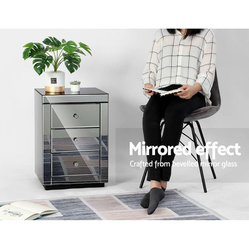 Artiss Mirrored Bedside table Drawers Furniture Mirror Glass Presia Smoky Grey - John Cootes
