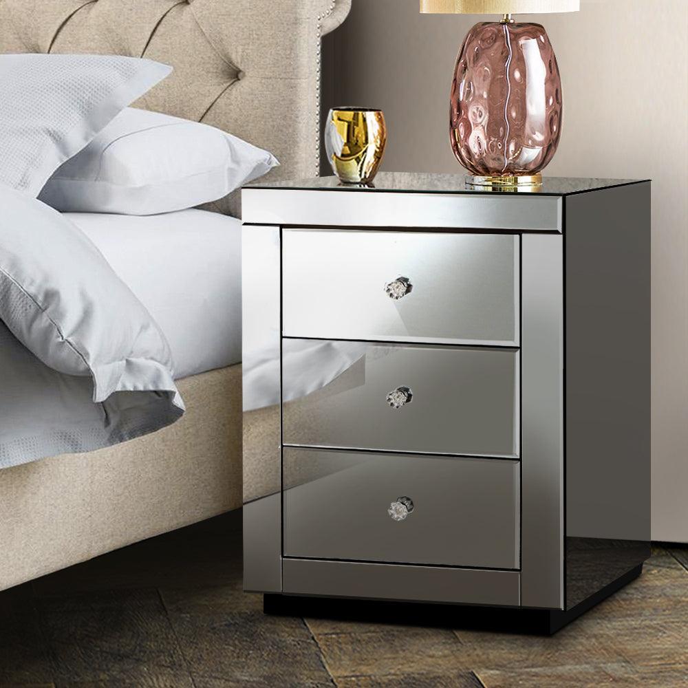 Artiss Mirrored Bedside table Drawers Furniture Mirror Glass Presia Smoky Grey - John Cootes