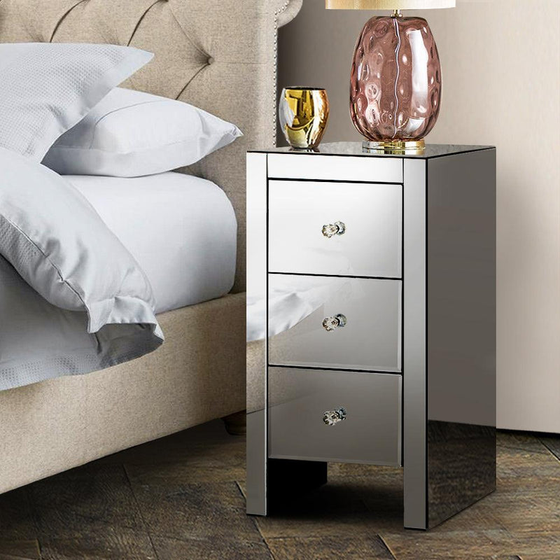 Artiss Mirrored Bedside Tables Drawers Crystal Chest Nightstand Glass Grey - John Cootes