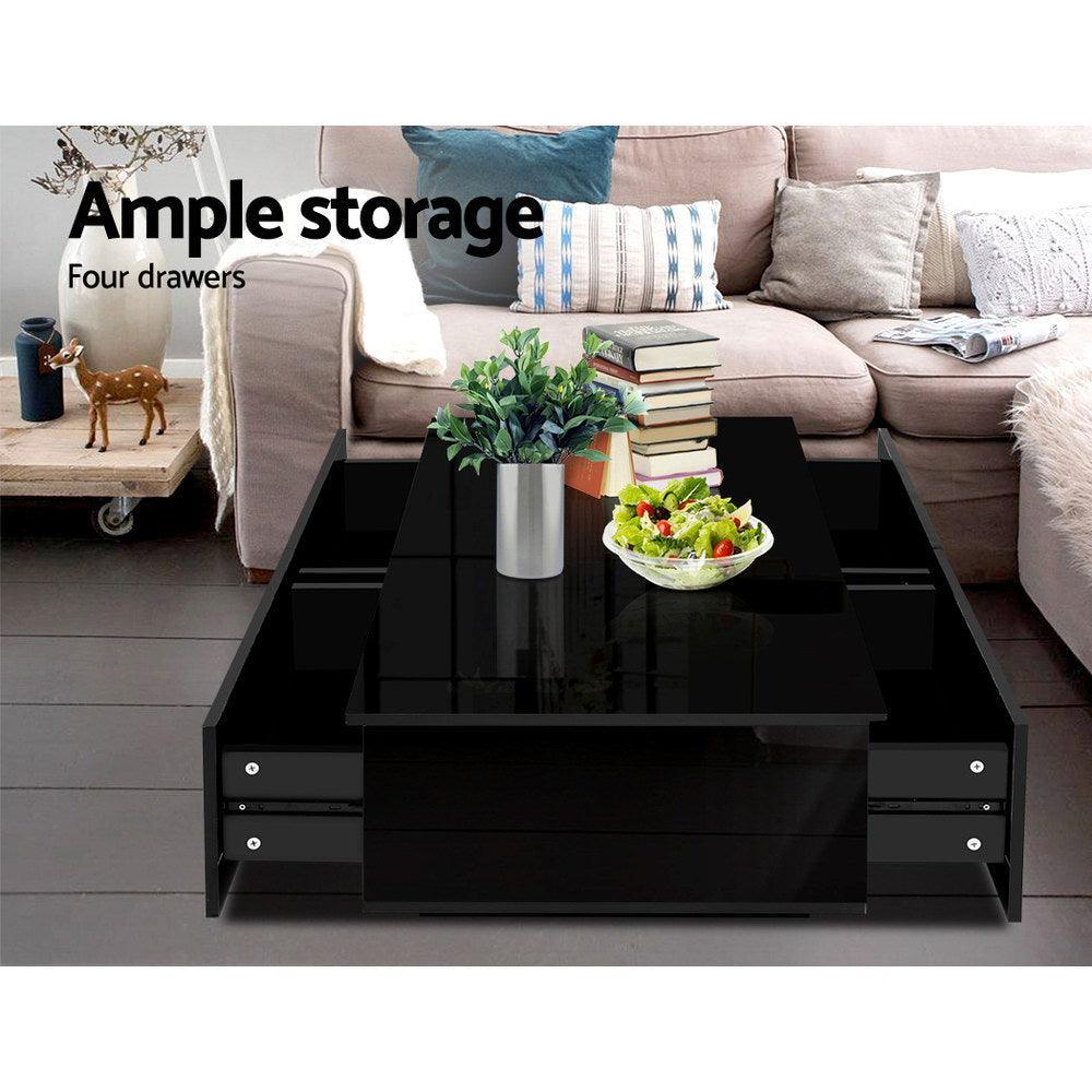 Artiss Modern Coffee Table 4 Storage Drawers High Gloss Living Room Furniture Black - John Cootes