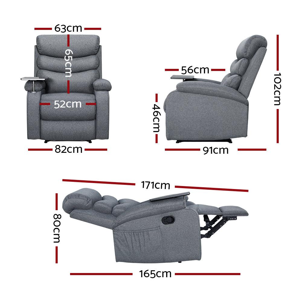 Artiss Recliner Chair Lounge Sofa Armchair Chairs Couch Fabric Grey Tray Table - John Cootes