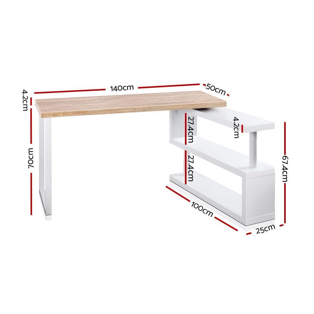 Artiss Rotary Corner Desk with Bookshelf - Brown & White - John Cootes