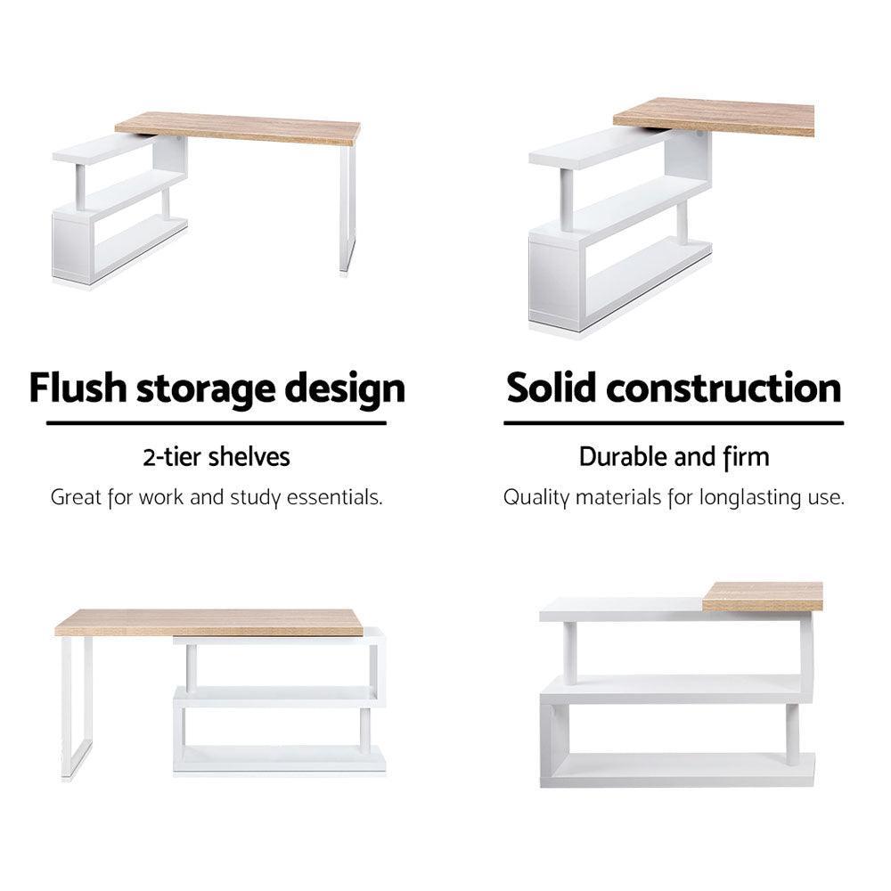 Artiss Rotary Corner Desk with Bookshelf - Brown & White - John Cootes