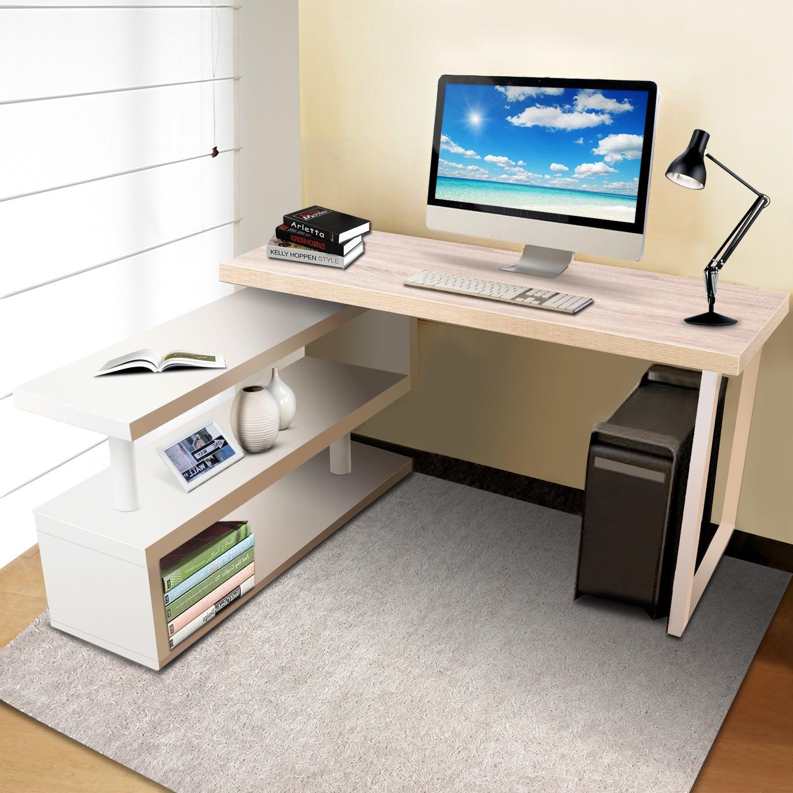 Artiss Rotary Corner Desk with Bookshelf - Brown & White - John Cootes