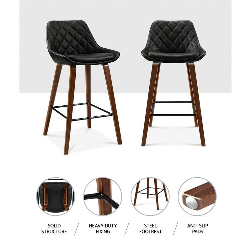 Artiss Set of 2 Bar Stools Bentwood PU Leather Diamond Pleat - Black - John Cootes