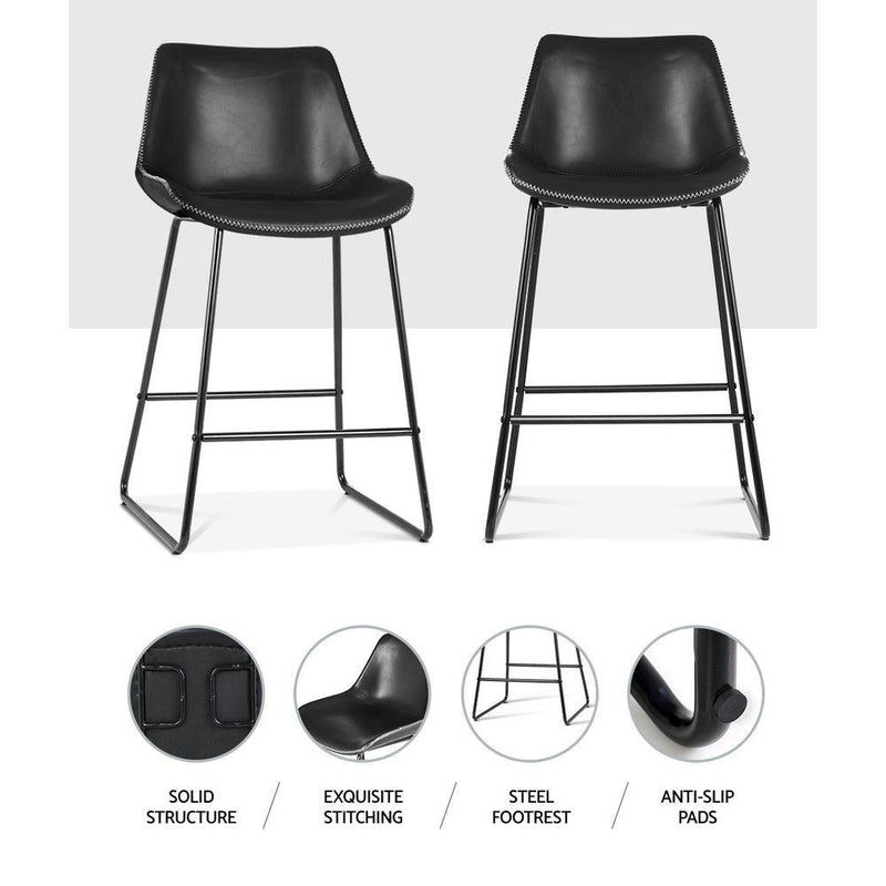 Artiss Set of 2 Bar Stools Kitchen Metal Bar Stool Dining Chairs PU Leather Black - John Cootes