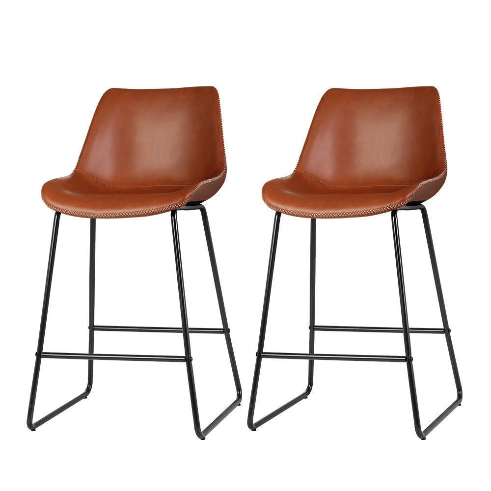 Artiss Set of 2 Bar Stools Kitchen Metal Bar Stool Dining Chairs PU Leather Brown - John Cootes