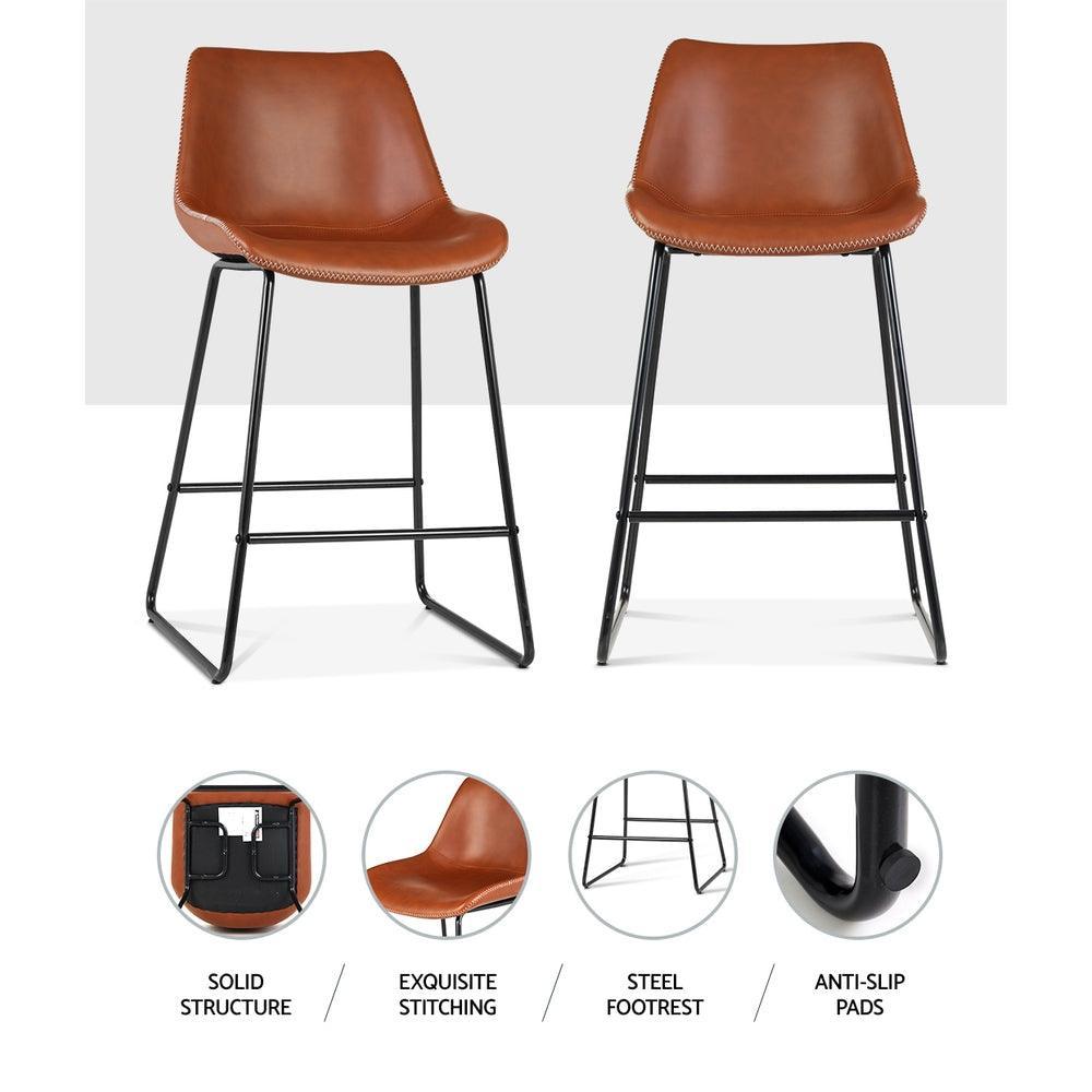 Artiss Set of 2 Bar Stools Kitchen Metal Bar Stool Dining Chairs PU Leather Brown - John Cootes