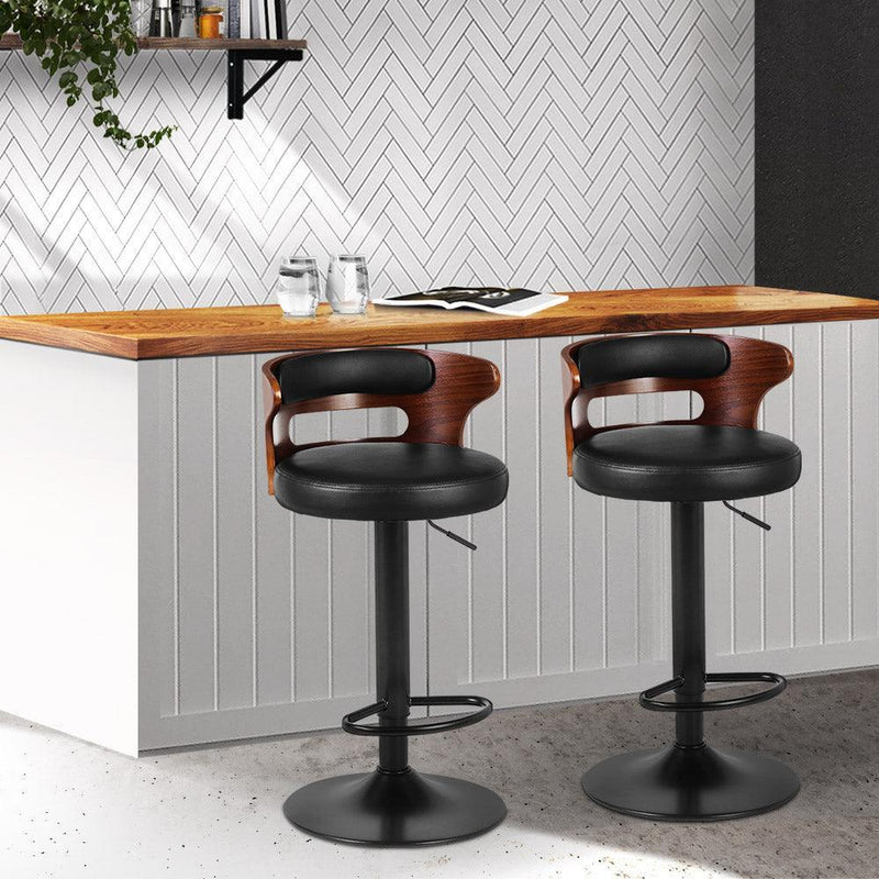 Artiss Set of 2 Bar Stools Kitchen Wooden Gas Lift Leather Stool Metal Black Barstools - John Cootes