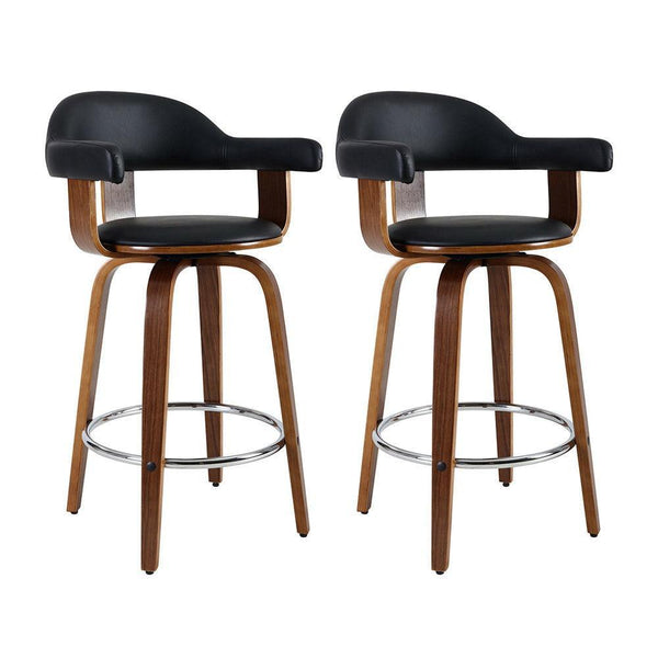 Artiss Set of 2 Bar Stools PU Leather Wooden Swivel - Wood, Chrome and Black - John Cootes