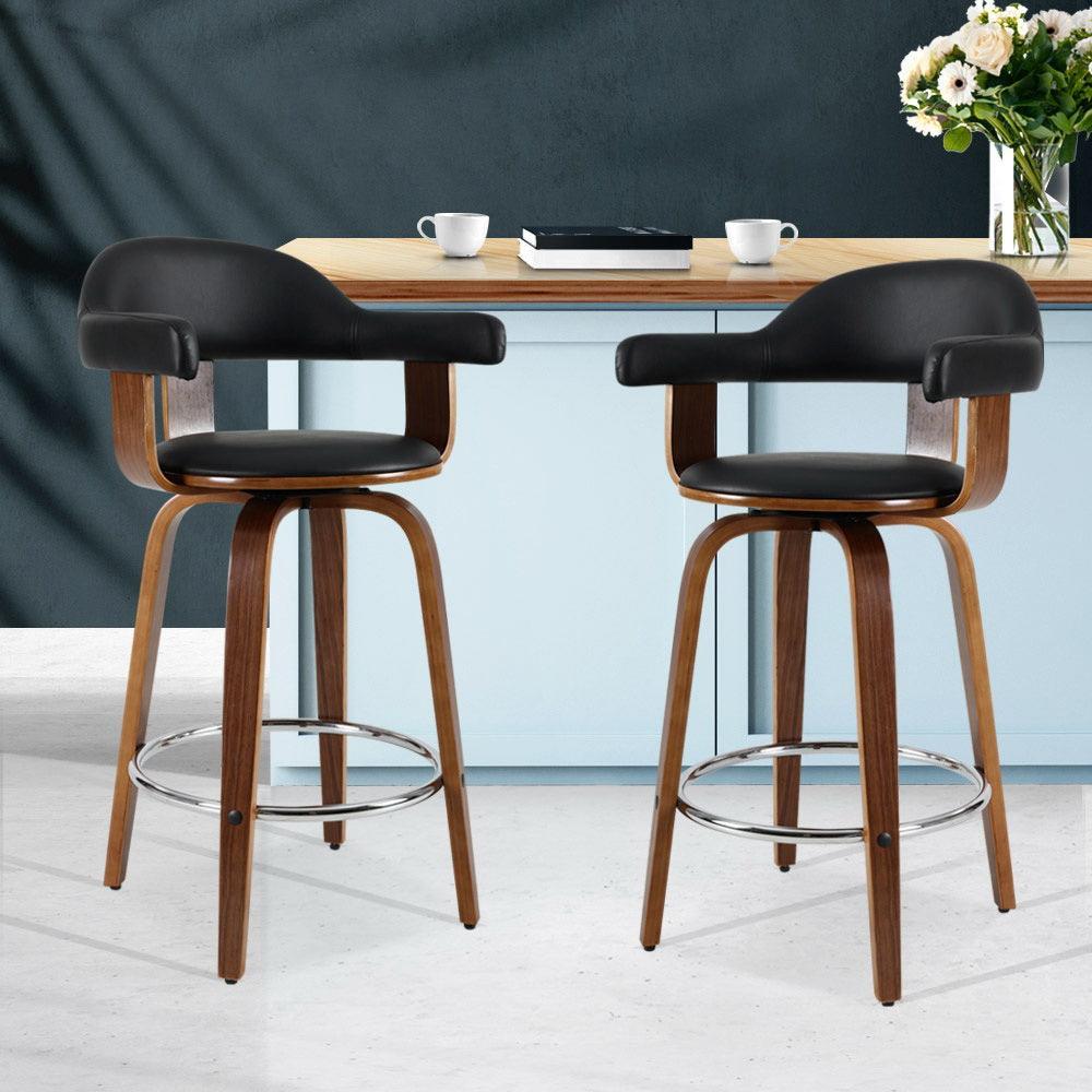 Artiss Set of 2 Bar Stools PU Leather Wooden Swivel - Wood, Chrome and Black - John Cootes