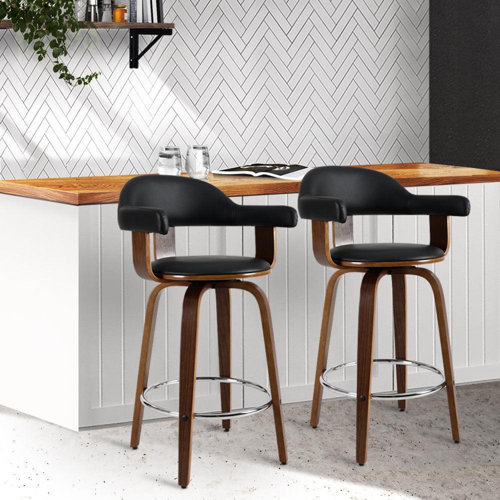 Artiss Set of 2 Bar Stools PU Leather Wooden Swivel - Wood, Chrome and Black - John Cootes