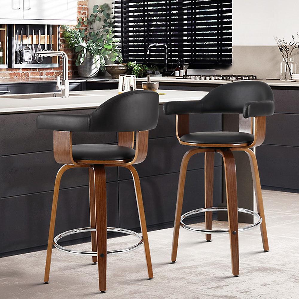 Artiss Set of 2 Bar Stools PU Leather Wooden Swivel - Wood, Chrome and Black - John Cootes