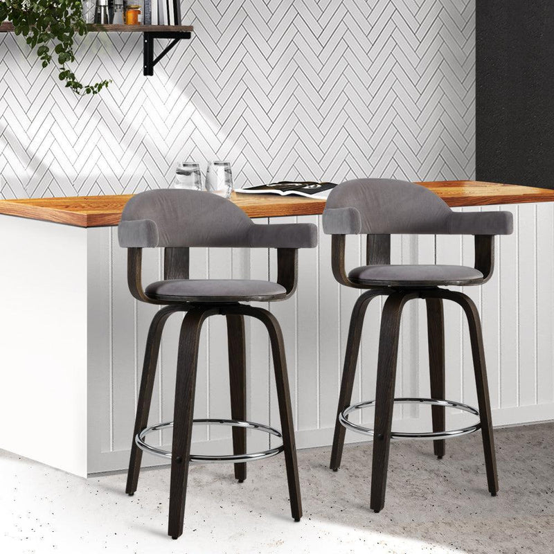 Artiss Set of 2 Bar Stools Wooden Swivel Bar Stool Kitchen Dining Chair - Wood, Chrome and Grey - John Cootes