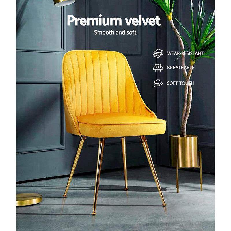 Artiss Set of 2 Dining Chairs Retro Chair Cafe Kitchen Modern Metal Legs Velvet Yellow - John Cootes