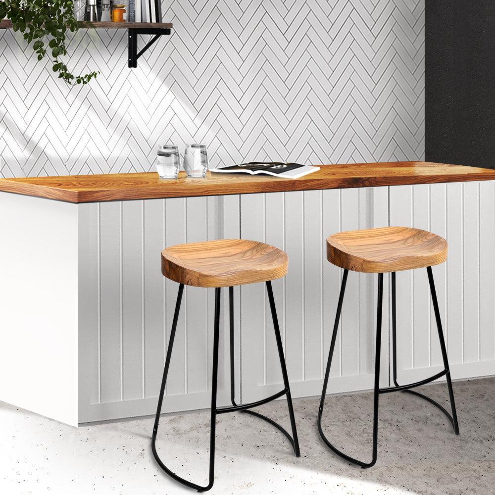 Artiss Set of 2 Elm Wood Backless Bar Stools 65cm - Black and Light Natural - John Cootes