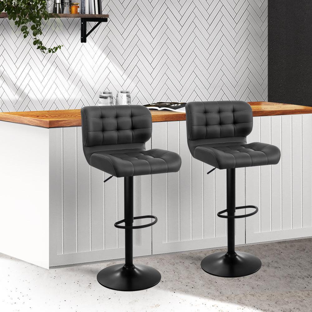 Artiss Set of 2 Kitchen Bar Stools Gas Lift Plush PU Leather - Black and Grey - John Cootes