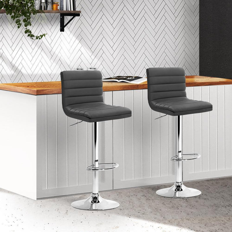 Artiss Set of 2 PU Leather Lined Pattern Bar Stools- Grey and Chrome - John Cootes
