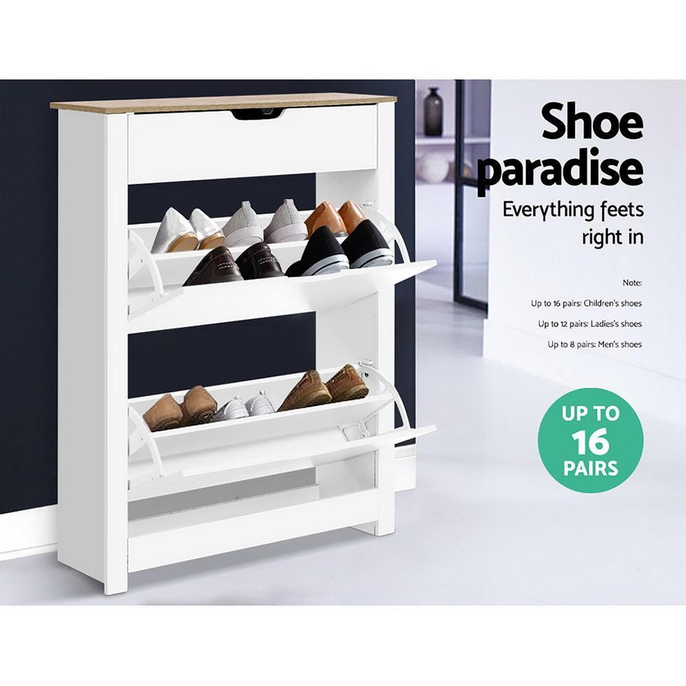 Artiss Shoe Cabinet Rack Storage Organiser Cupboard Shelf Drawer 16 Pairs White - John Cootes