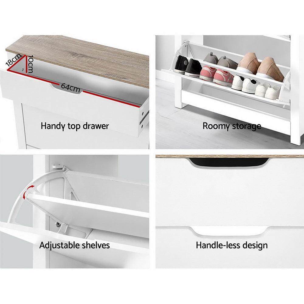 Artiss Shoe Cabinet Rack Storage Organiser Cupboard Shelf Drawer 16 Pairs White - John Cootes