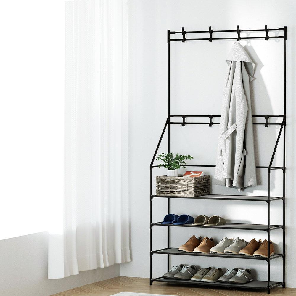 Artiss Shoe Rack Coat Hat Stand Hallway Shoes Storage Tree Metal Shelves Black - John Cootes