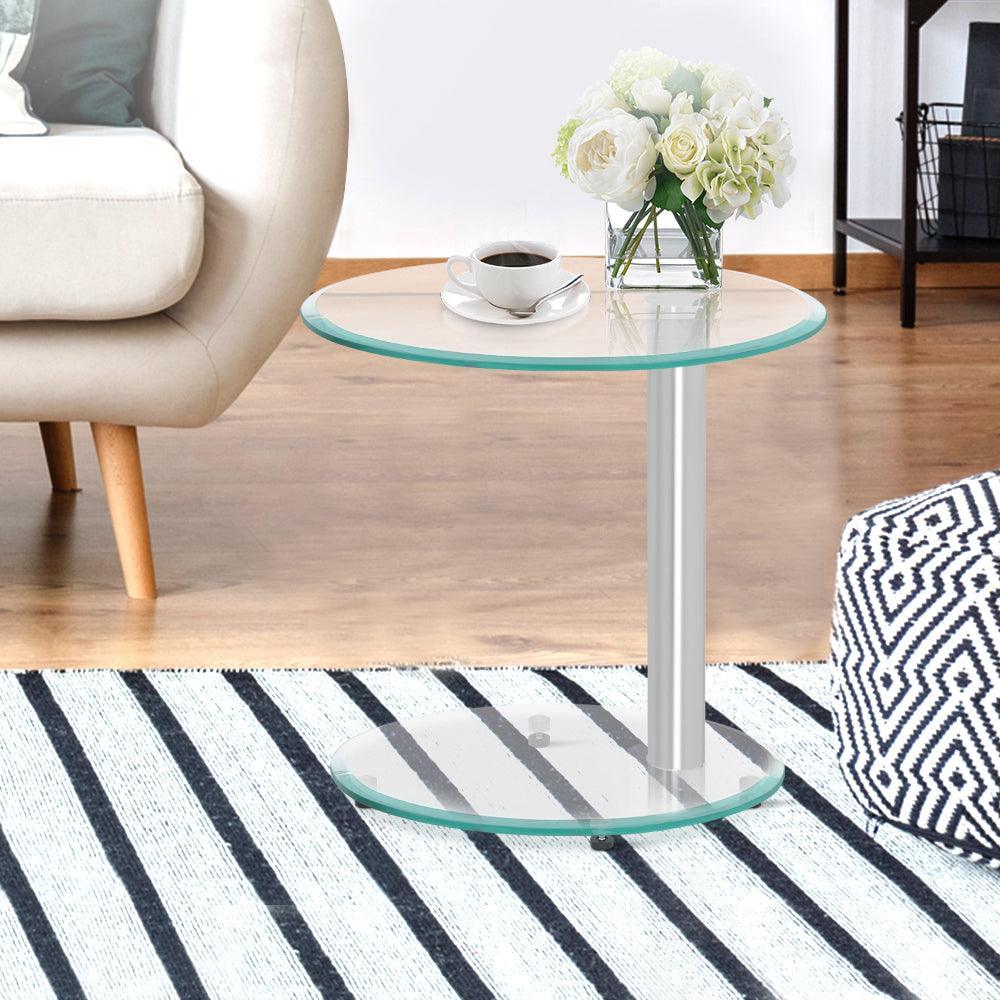 Artiss Side Coffee Table Bedside Furniture Oval Tempered Glass Top 2 Tier - John Cootes