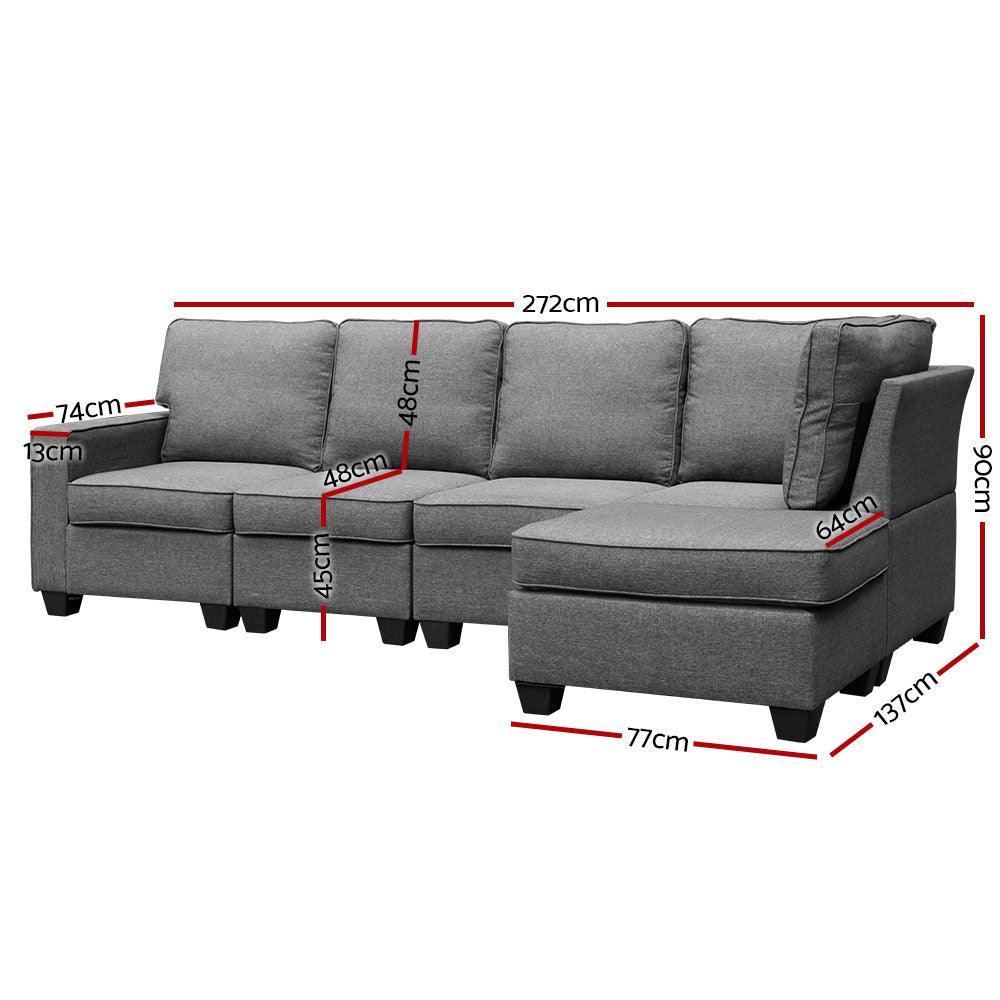 Artiss Sofa Lounge Set 5 Seater Modular Chaise Chair Suite Couch Fabric Grey - John Cootes