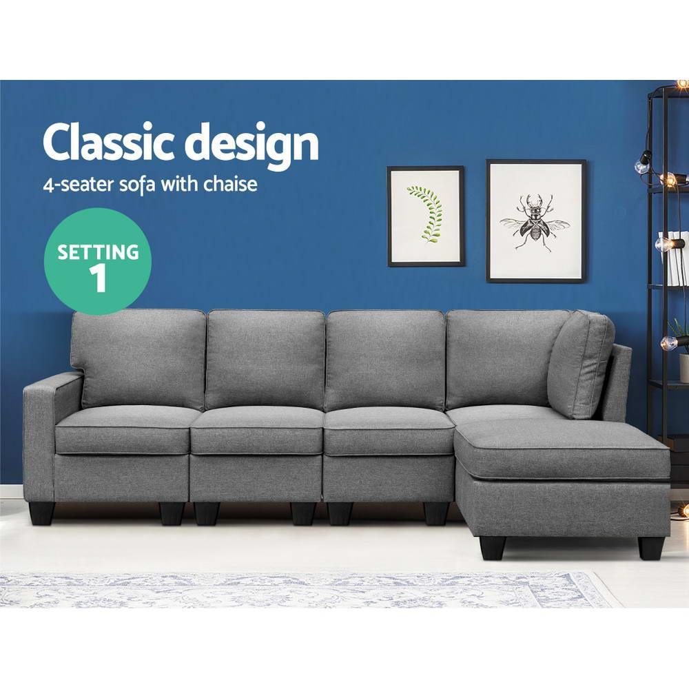 Artiss Sofa Lounge Set 5 Seater Modular Chaise Chair Suite Couch Fabric Grey - John Cootes