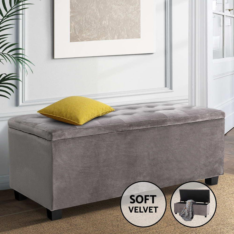 Artiss Storage Ottoman Blanket Box Velvet Foot Stool Rest Chest Couch Toy Grey - John Cootes