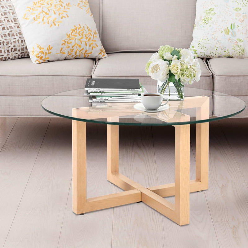 Artiss Tempered Glass Round Coffee Table - Beige - John Cootes