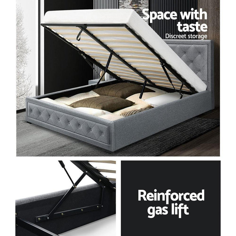 Artiss Tiyo Bed Frame Fabric Gas Lift Storage - Grey Double - John Cootes