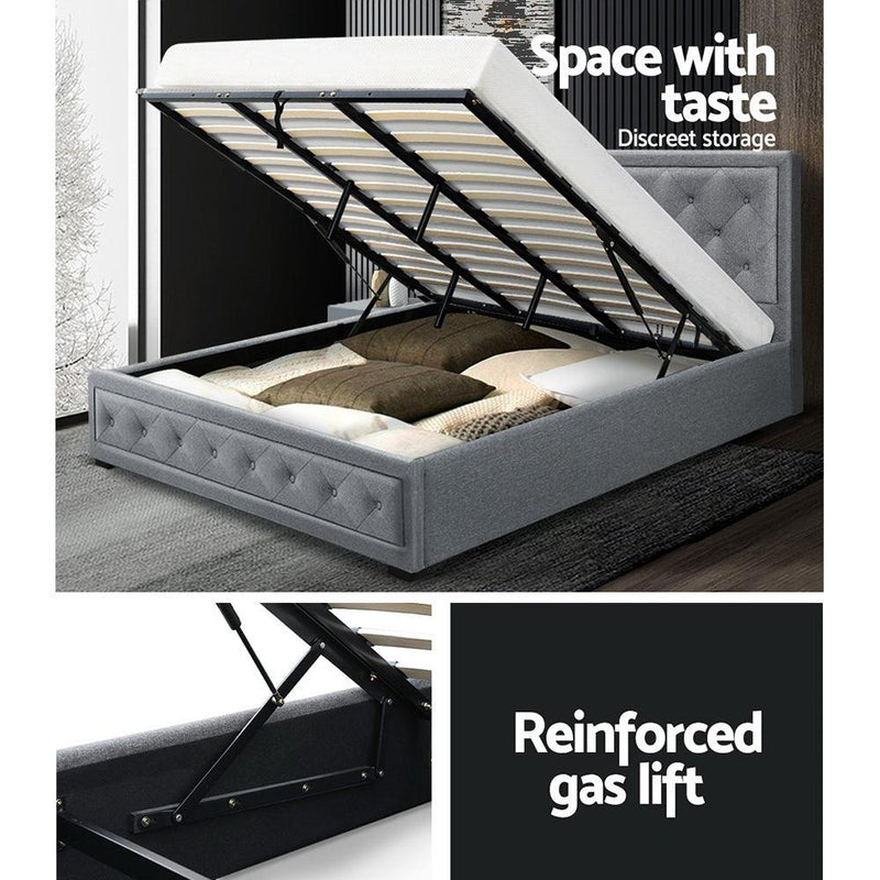 Artiss Tiyo Bed Frame Fabric Gas Lift Storage - Grey King - John Cootes