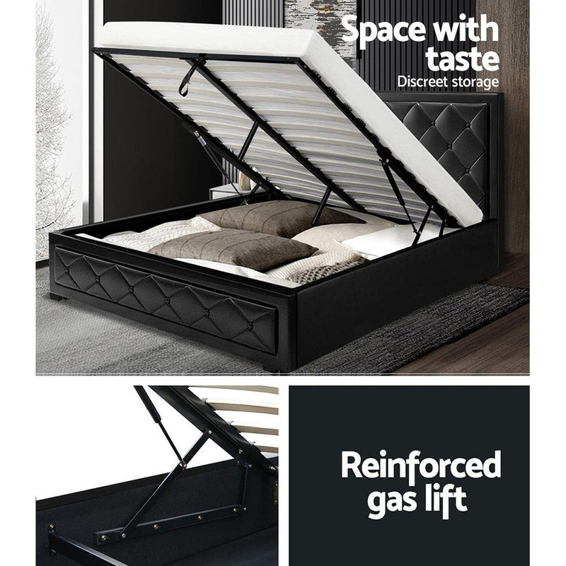 Artiss Tiyo Bed Frame PU Leather Gas Lift Storage - Black Double - John Cootes