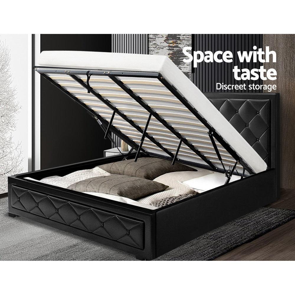 Artiss Tiyo Bed Frame PU Leather Gas Lift Storage - Black King - John Cootes