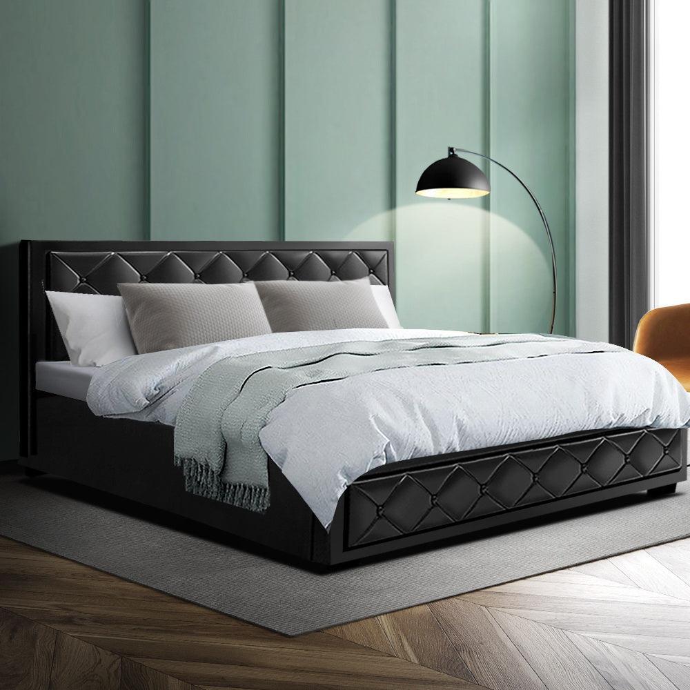 Artiss Tiyo Bed Frame PU Leather Gas Lift Storage - Black King - John Cootes