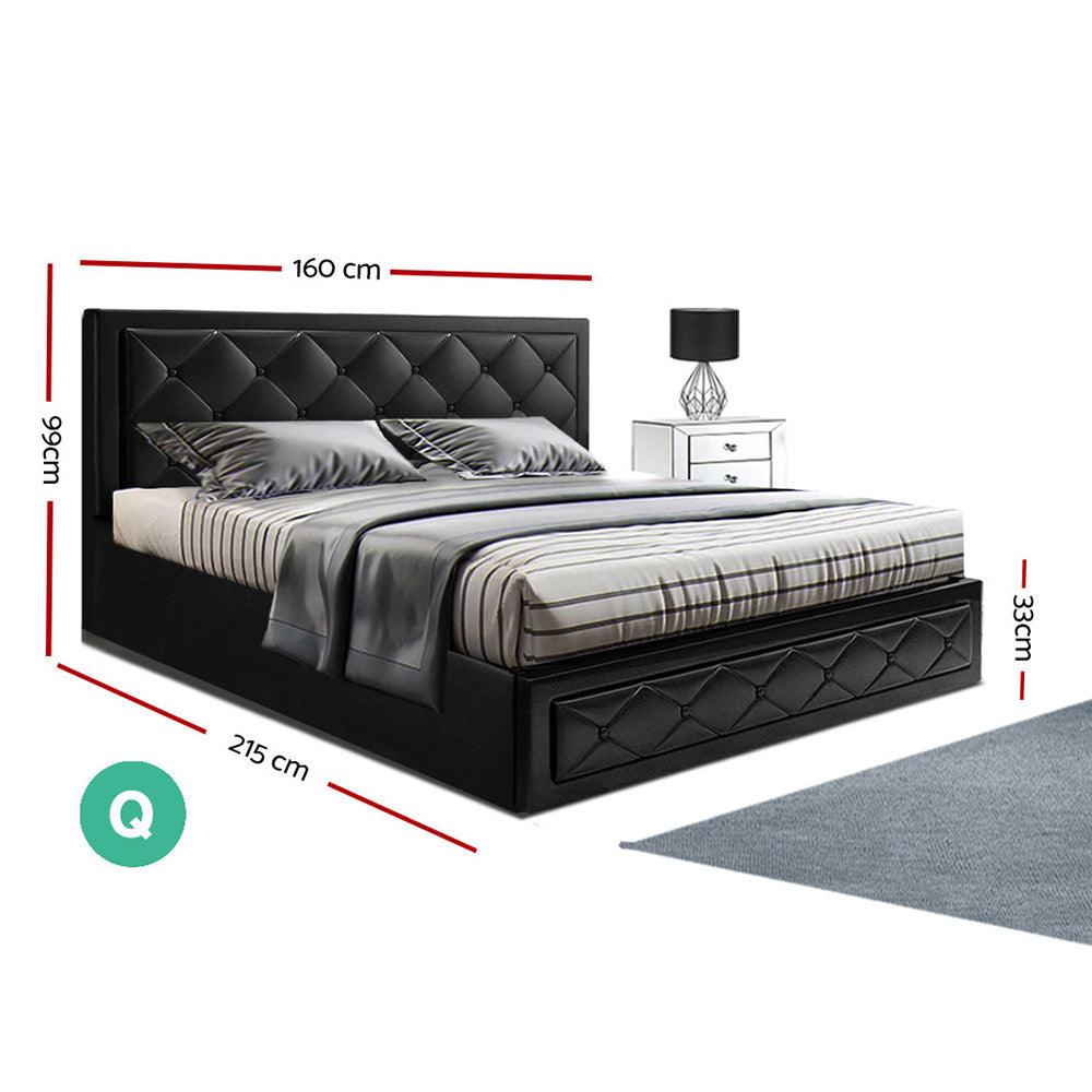 Artiss Tiyo Bed Frame PU Leather Gas Lift Storage - Black Queen - John Cootes