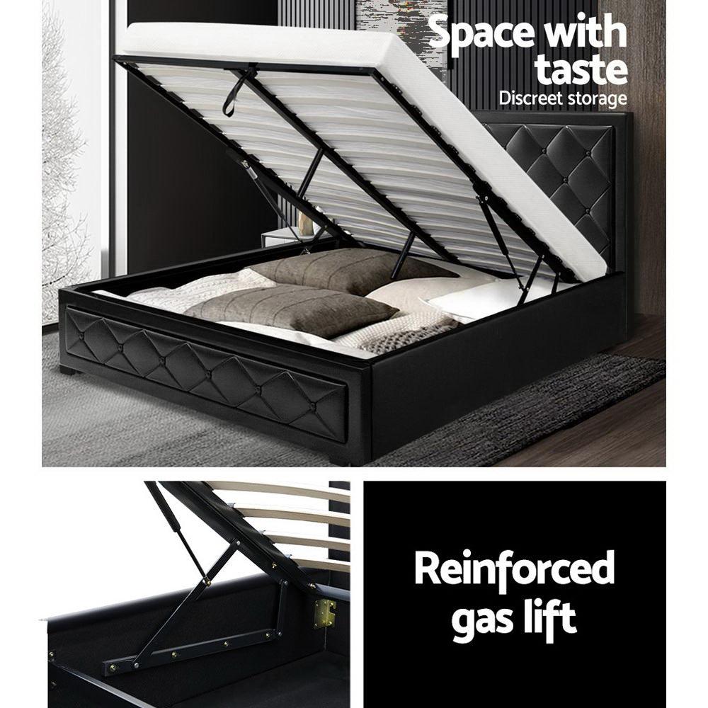 Artiss Tiyo Bed Frame PU Leather Gas Lift Storage - Black Queen - John Cootes