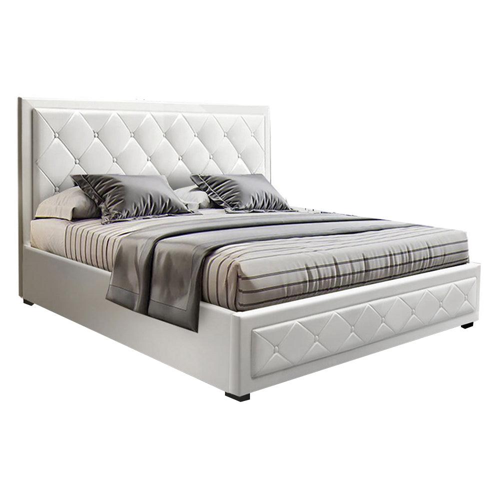 Artiss Tiyo Bed Frame PU Leather Gas Lift Storage - White Double - John Cootes