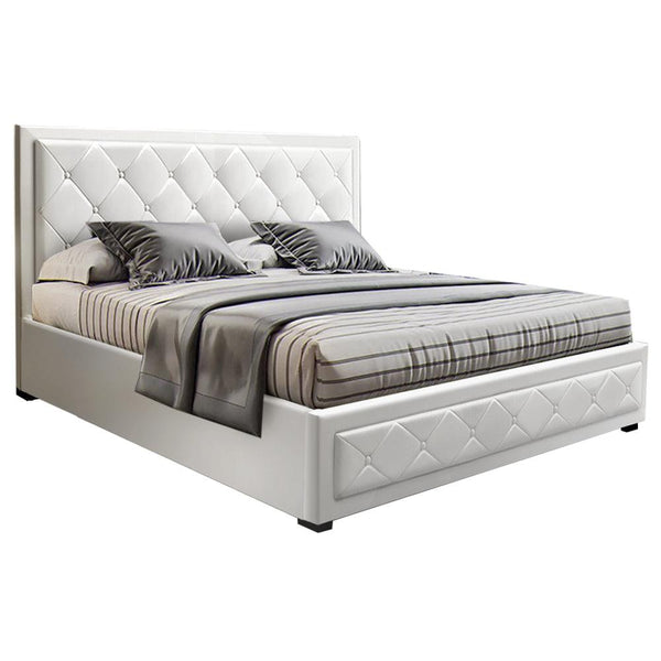 Artiss Tiyo Bed Frame PU Leather Gas Lift Storage - White Queen - John Cootes
