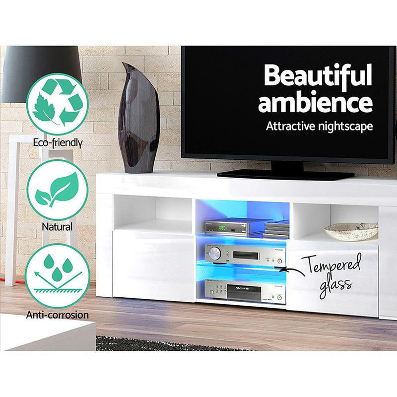 Artiss TV Cabinet Entertainment Unit Stand RGB LED Gloss Furniture 145cm White - John Cootes