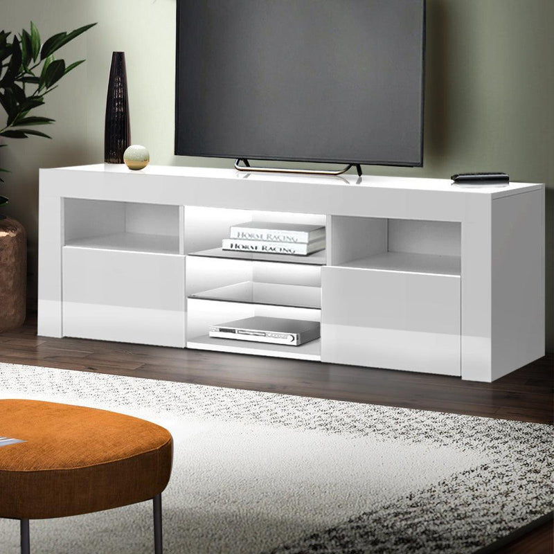 Artiss TV Cabinet Entertainment Unit Stand RGB LED Gloss Furniture 145cm White - John Cootes