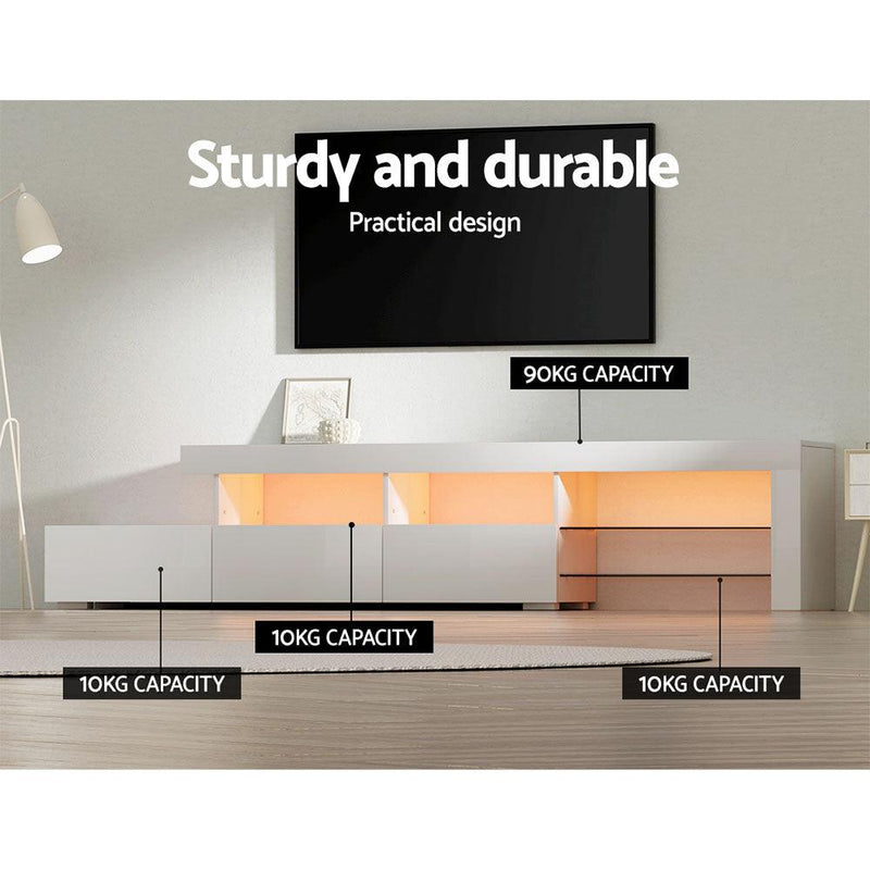 Artiss TV Cabinet Entertainment Unit Stand RGB LED Gloss Furniture 215cm White - John Cootes