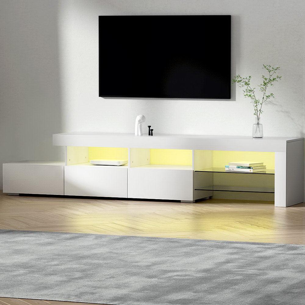 Artiss TV Cabinet Entertainment Unit Stand RGB LED Gloss Furniture 215cm White - John Cootes