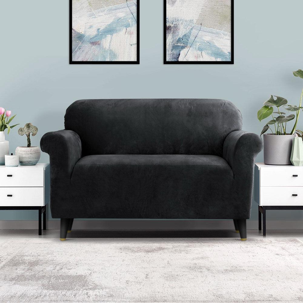 Artiss Velvet Sofa Cover Plush Couch Cover Lounge Slipcover 2 Seater Black - John Cootes