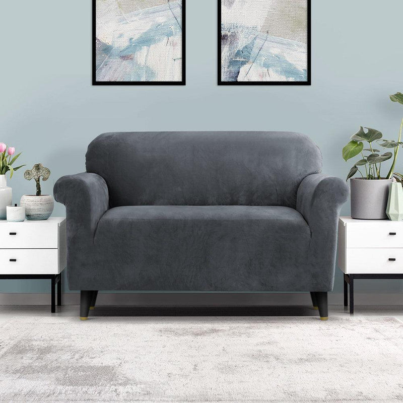 Artiss Velvet Sofa Cover Plush Couch Cover Lounge Slipcover 2 Seater Grey - John Cootes