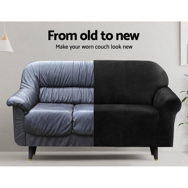 Artiss Velvet Sofa Cover Plush Couch Cover Lounge Slipcover 3 Seater Black - John Cootes