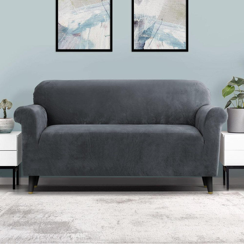 Artiss Velvet Sofa Cover Plush Couch Cover Lounge Slipcover 3 Seater Grey - John Cootes